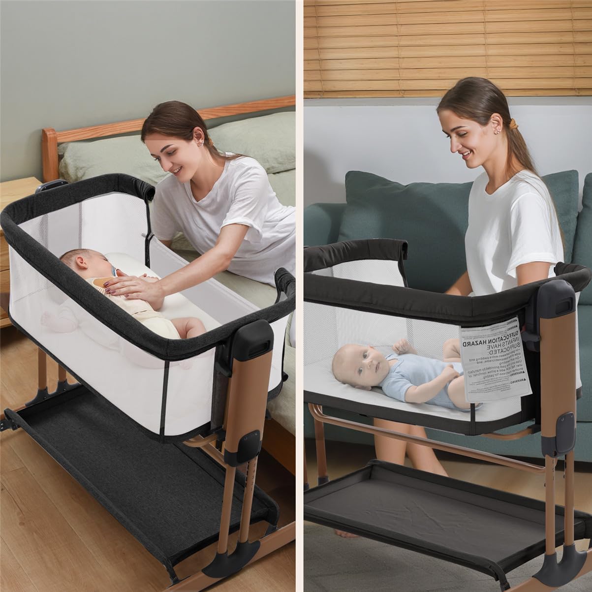 Jaoul 3-in-1 Rocking Bassinet for Baby Adjustable Baby Bassinets Bedside Sleeper with Wheels Storage Basket and Mesh Sides for Newborn Infant (Black)