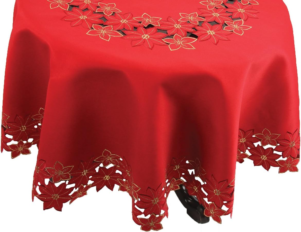 Festive Poinsettia Embroidered Cutwork Christmas Tablecloth, 70"