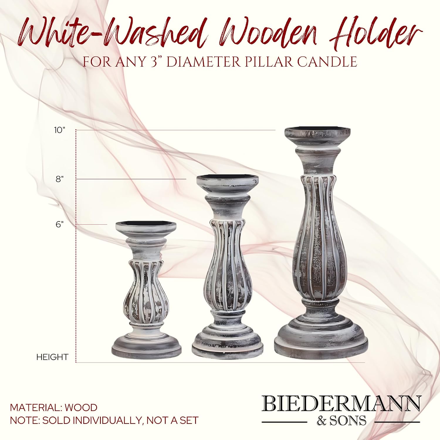 Biedermann & Sons Washed Wooden Pillar Candle Holder, White, 6 Inch Tall, Fits Up to 3 Inch Pillar Candles, Decorative Candle Stand for Mantels, Tables and Shelves image 2