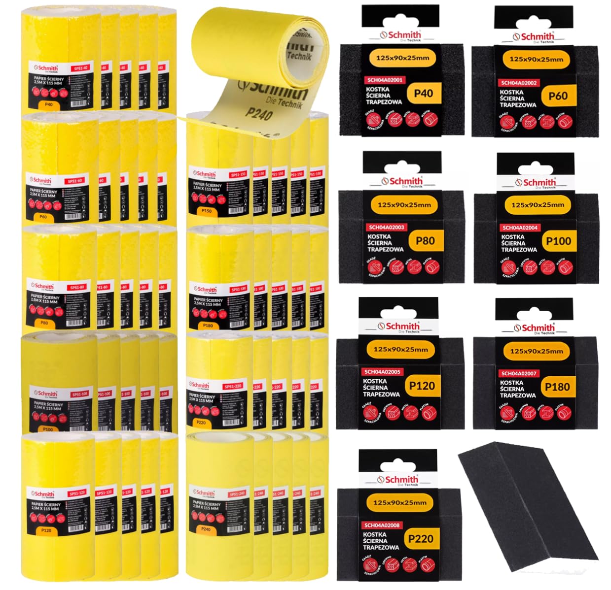 Schleifpapier Set - Rolle & Trapezförmigen Blöcken 52 - zum Schleifen von Hand oder mit Elektrowerkzeugen, für Holz, Stahl, Gusseisen, Kunststoffe, Lacke & Farben, Elektrokorund