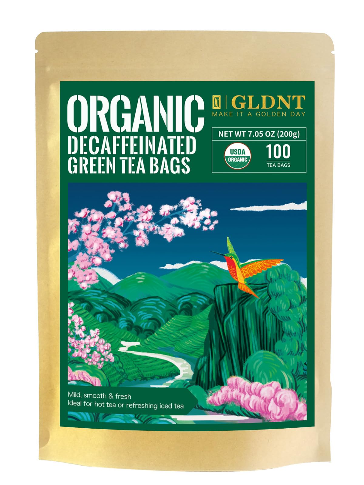 GLDNT Organic Decaf Green Tea Bags, Organic Green Tea Decaffeinated, Smooth Flavor, Super Antioxidant, Iced & Hot Tea, 100 Count