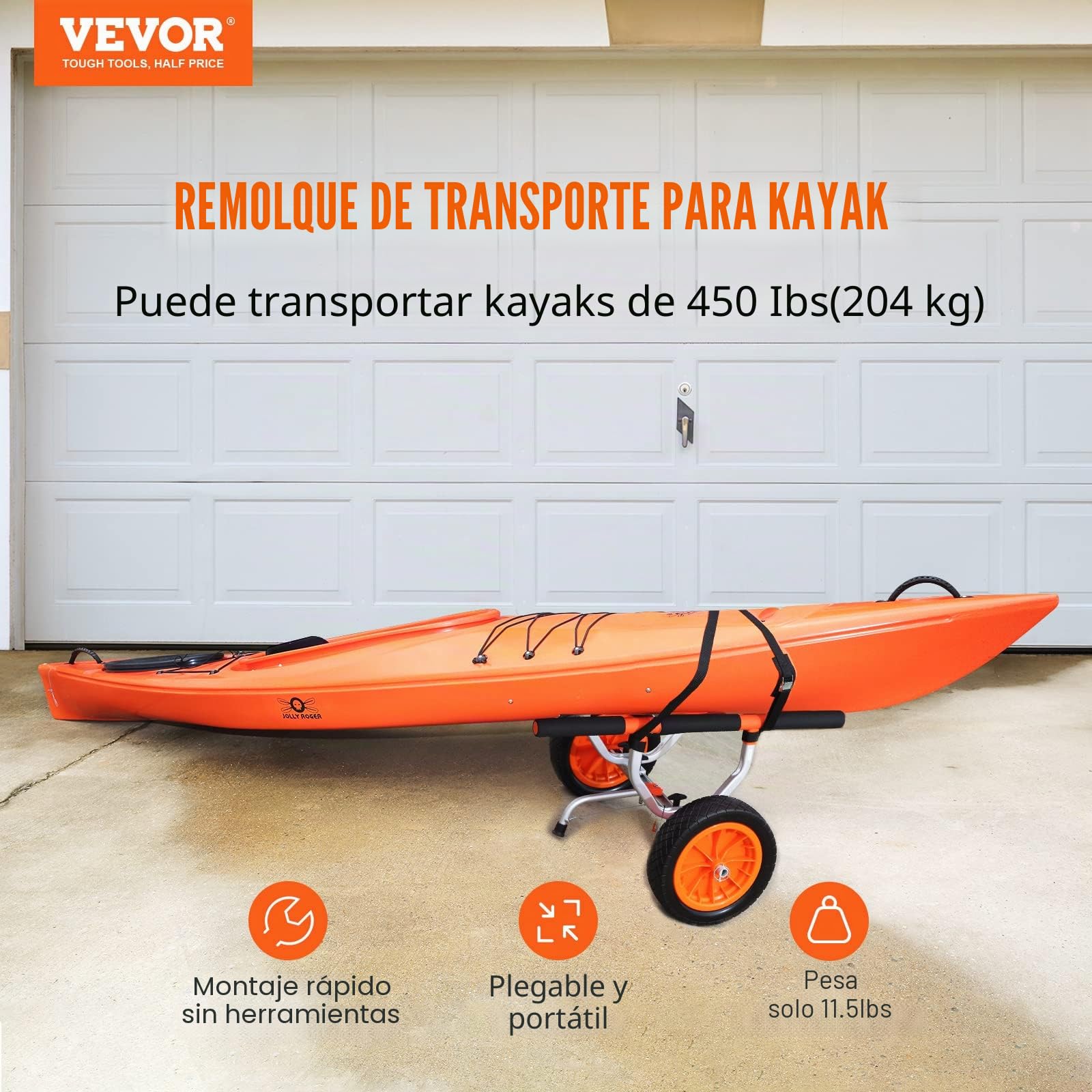 VEVOR Carrito de Kayak de Alta Resistencia Carga de 204 kg Carro de Transporte Desmontable para Canoas con Ruedas de 30,5 cm Pie de Apoyo Antideslizante y Correa de Amarre para Kayaks Canoas Botes