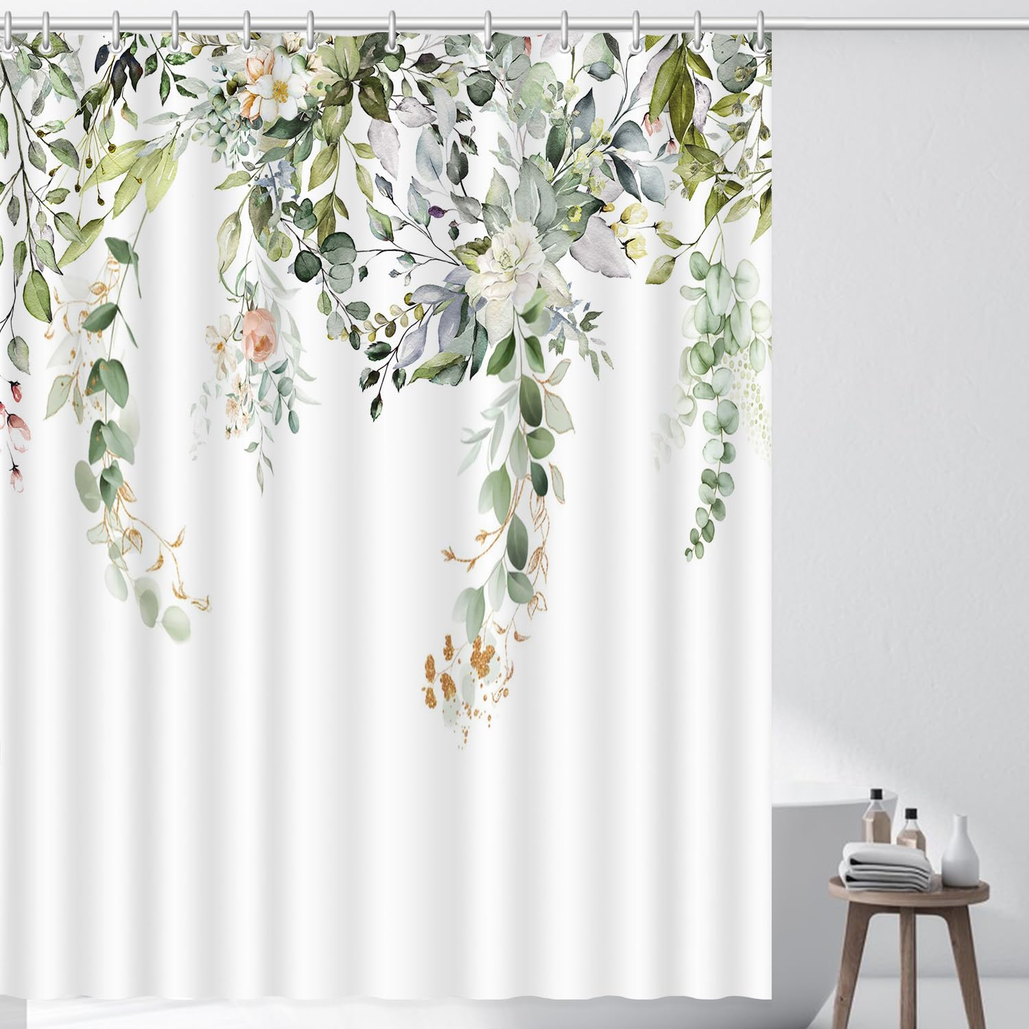 Romantic Angels Sage Green Shower Curtain Watercolor Eucalyptus Shower Curtain Leaves Botanical Floral Flower Fabric Bathroom Curtain Cloth (Light Green, 72x72)