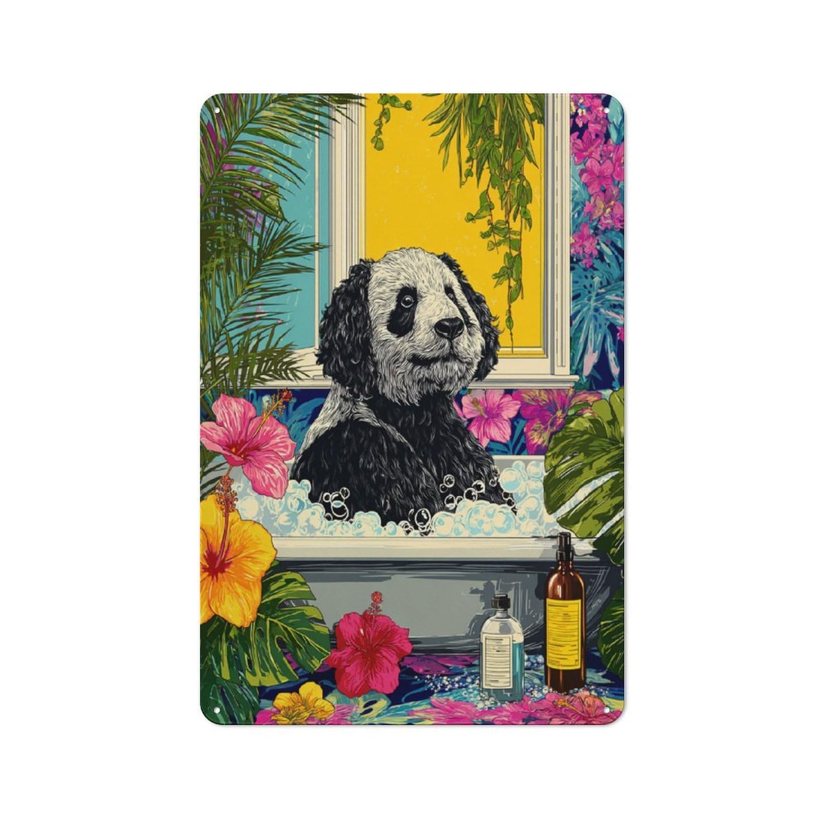 Junmoney Panda In Bubble Bath With Tropical Flowers Retro Metal Sign 30X20cm, Classic Pub Decor For Cafe, Pub, Workshop Or Home Bar, For Casual British Interiors