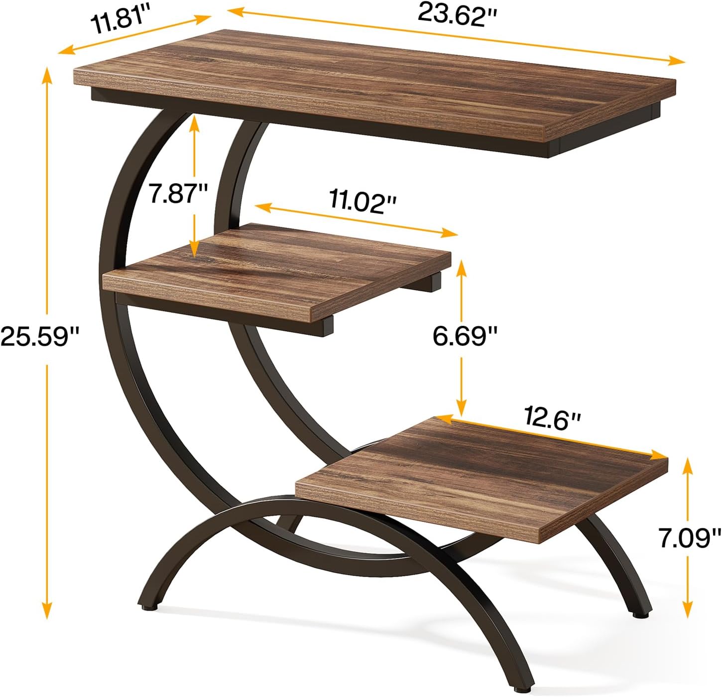 Tribesigns C-Shaped End Table, Industrial 3-Tier Small Side Table for Couch, Wood Bedside Table Snack Side Table with Storage Shelves for Living Room Small Space, Rustic Brown