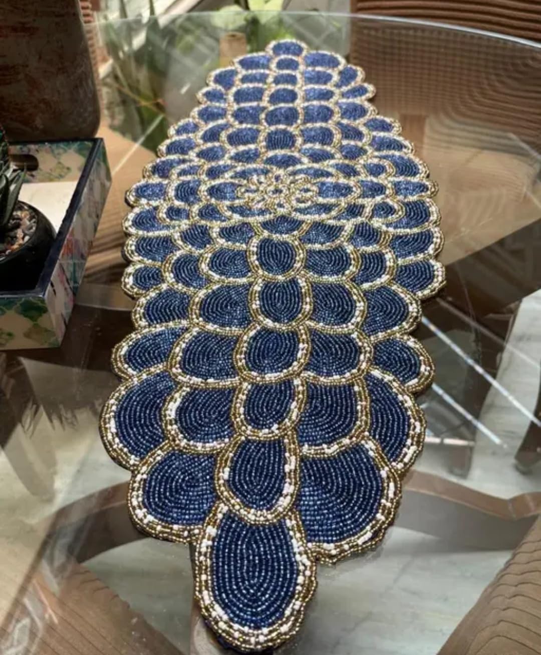 Beaded Table Runner, Navy Blue Floral Design, Handcrafted Glass Seed Beads, Decorative Home Accent