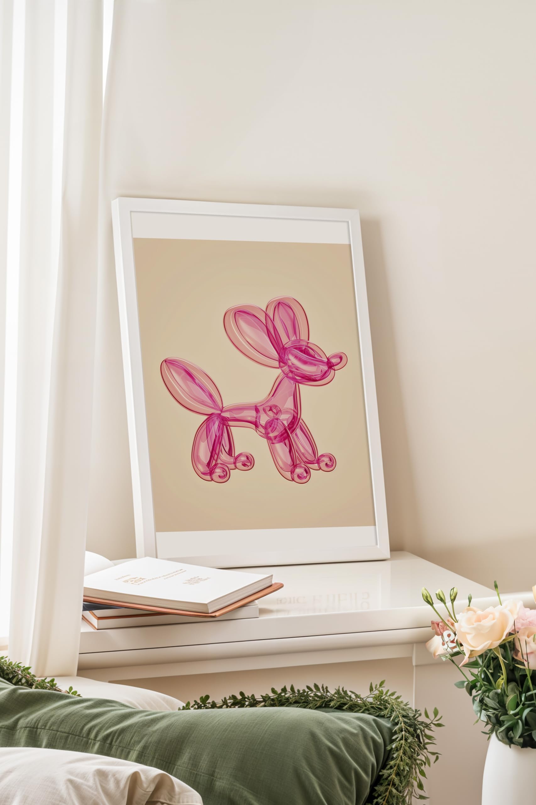 Zestia Beyaz Çerçeveli Tablo, Balon Köpek Heykeli, Gölge Efektli, 3D Minimal Poster No: 106456 21 x 30