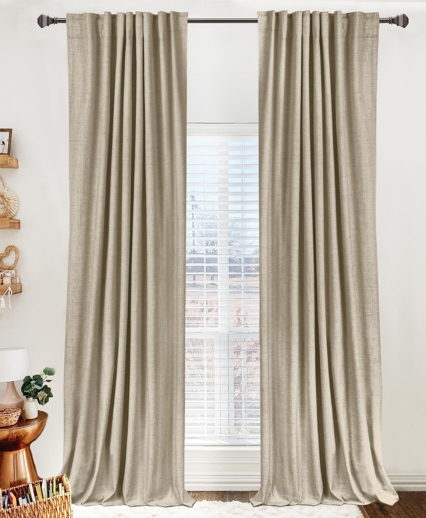 Photo 1 of 100% Blackout Shield Linen Blackout Curtains for Bedroom 63 Inches Long, Back Tab/Rod Pocket Living Room Drapes, Thermal Insulated Blackout Curtains 2 Panels Set, 50" W x 63" L, Oatmeal