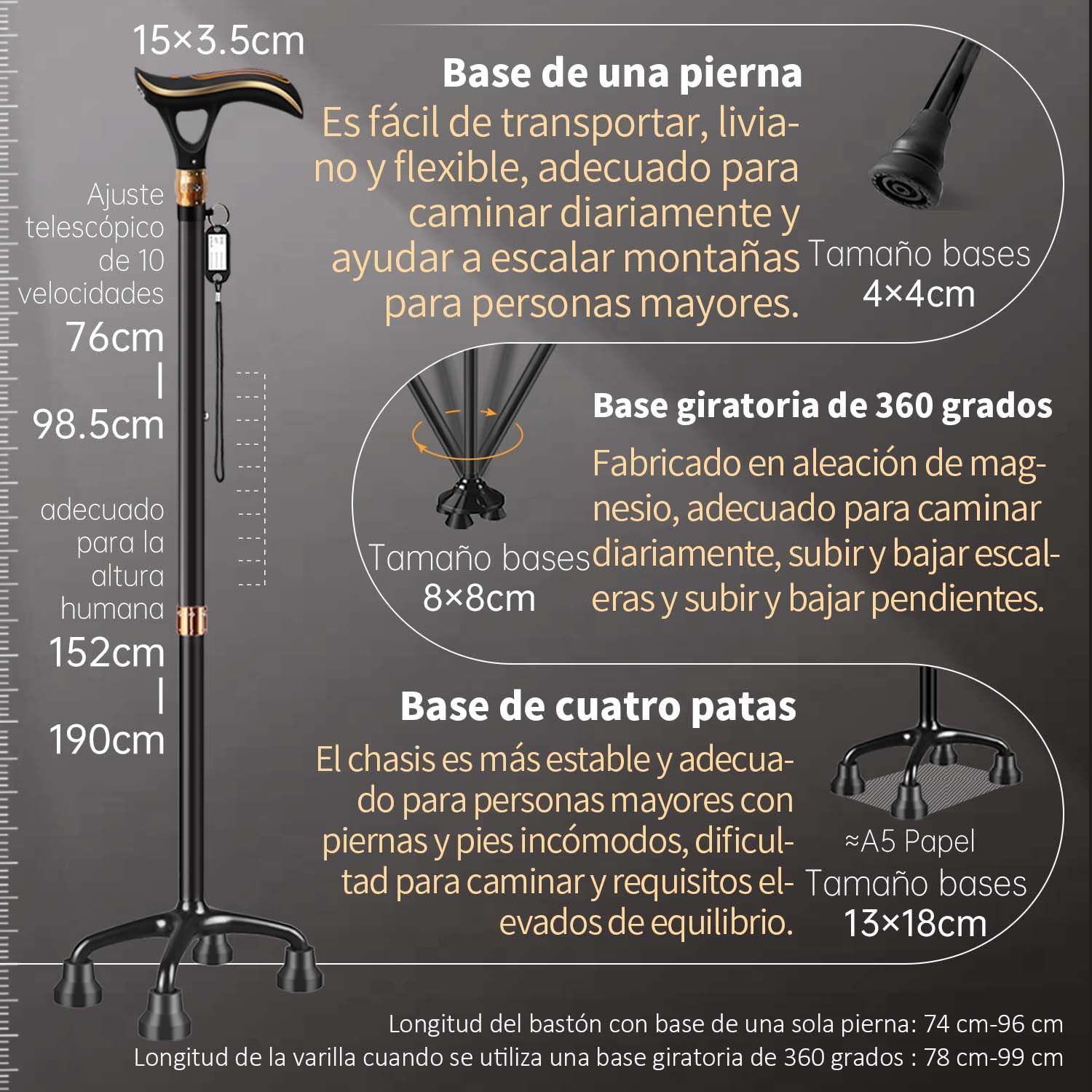 Bastón multifunción para hombre y mujer con alarma y función de iluminación LED, equipado con 3 tipos de zócalos diferentes, bastones de alta calidad para personas mayores