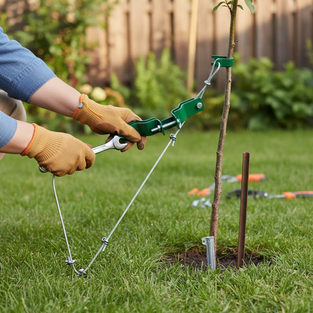 Kit Fijación para Árboles con Cuerda Metálica y Tensores - Protege Árboles Inclinados y Recién para Jardines, Color Original galvanizado, 4 Metros