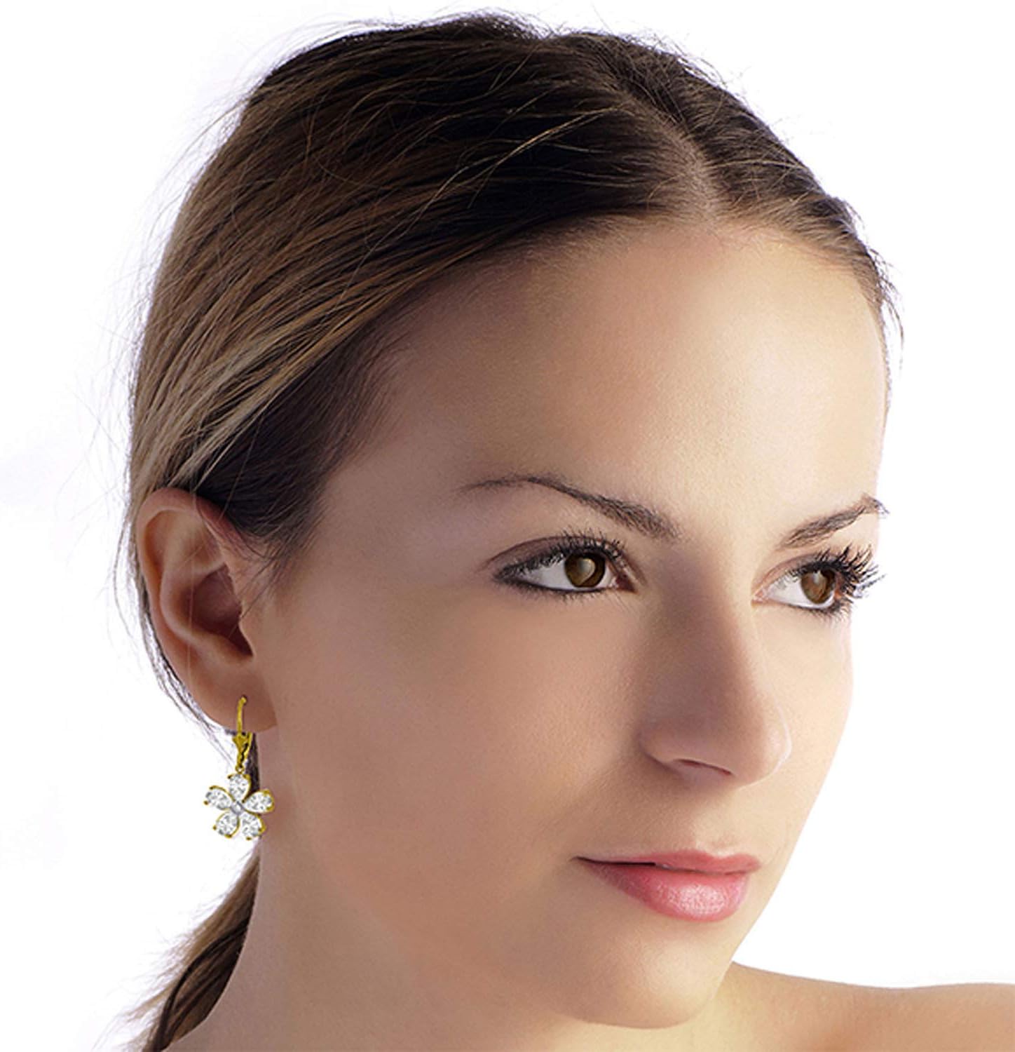 Galaxy Gold GG 14k Solid Gold Leverback Flower Earrings with White Topaz - Image 2