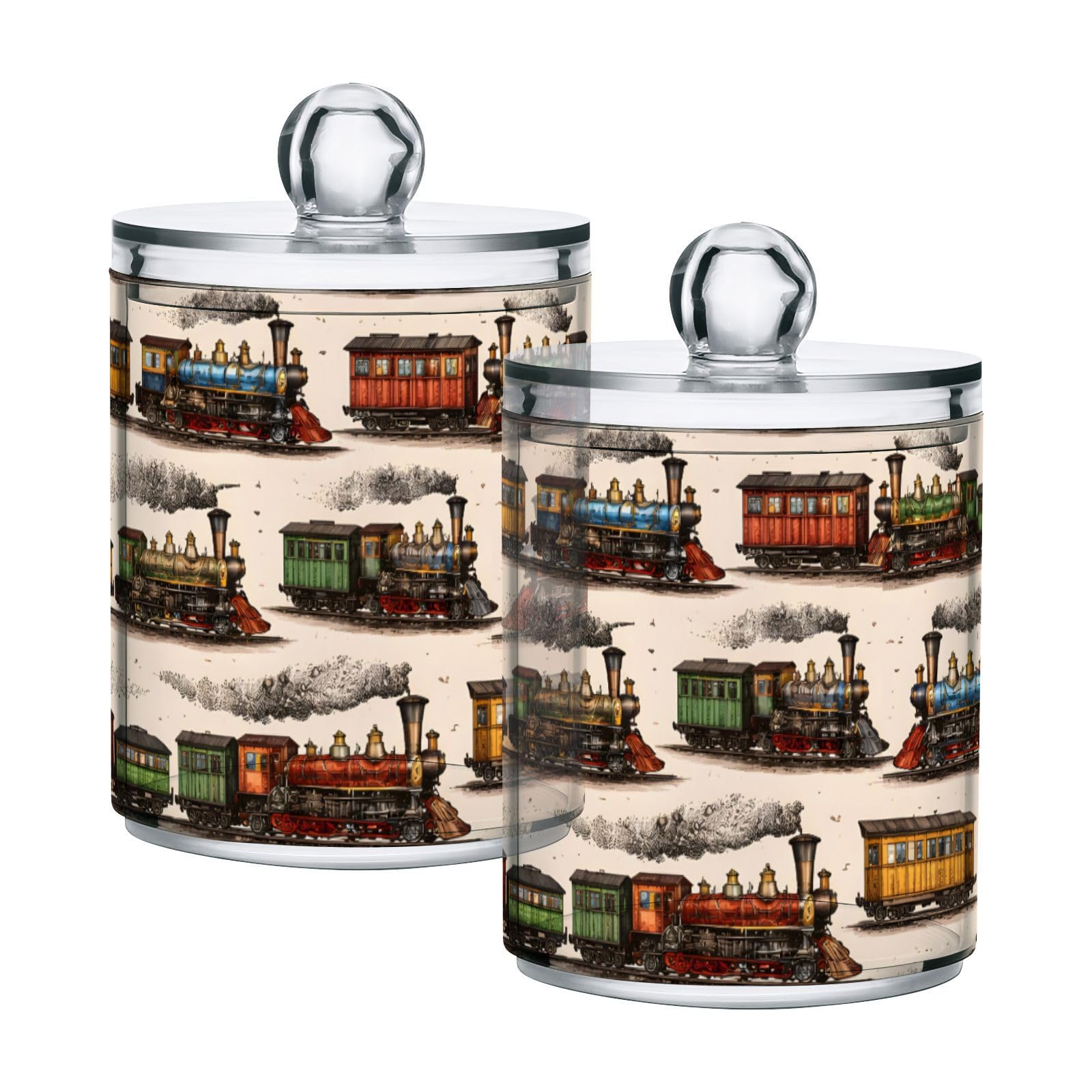 Lyeorm Vintage Trains Apothecary Jars with Lid 2 Pack Qtip Holder Dispenser Bathroom Storage Organizer Clear Plastic Canister Jar for Cotton Ball, Cotton Swab