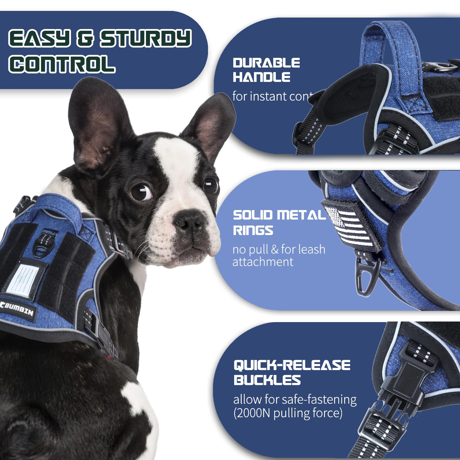 BUMBIN Arnés táctico para perros pequeños, sin tirones, famoso en TikTok, arnés inteligente reflectante para adiestramiento y paseo, arnés ajustable tipo chaleco con asa, azul vaquero, talla XL