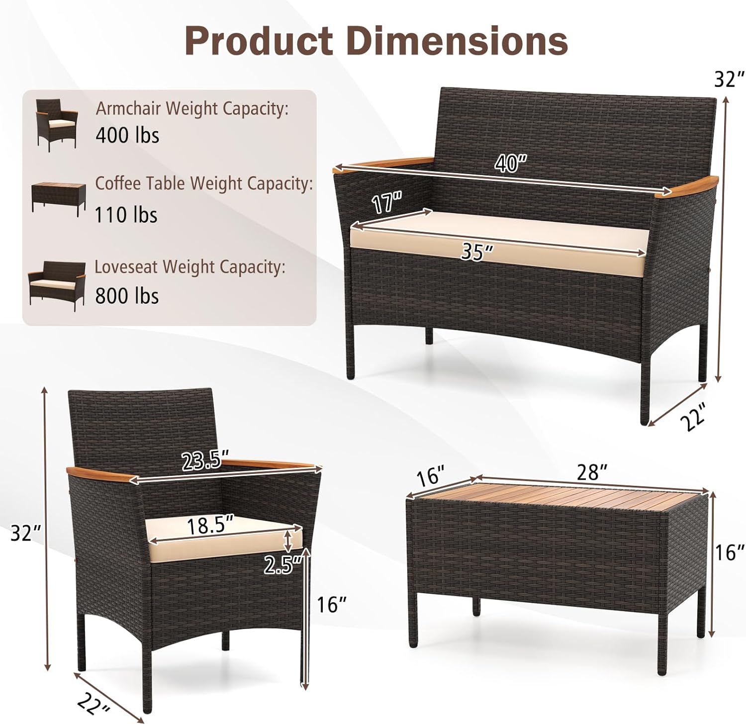 Tangkula 4 Pieces Patio Wicker Sofa Set, 2 Rattan Chairs & Loveseat w/Coffee Table, Acacia Wood Armrests & Tabletop, Outdoor Cushioned Conversation Set for Backyard, Poolside (1)