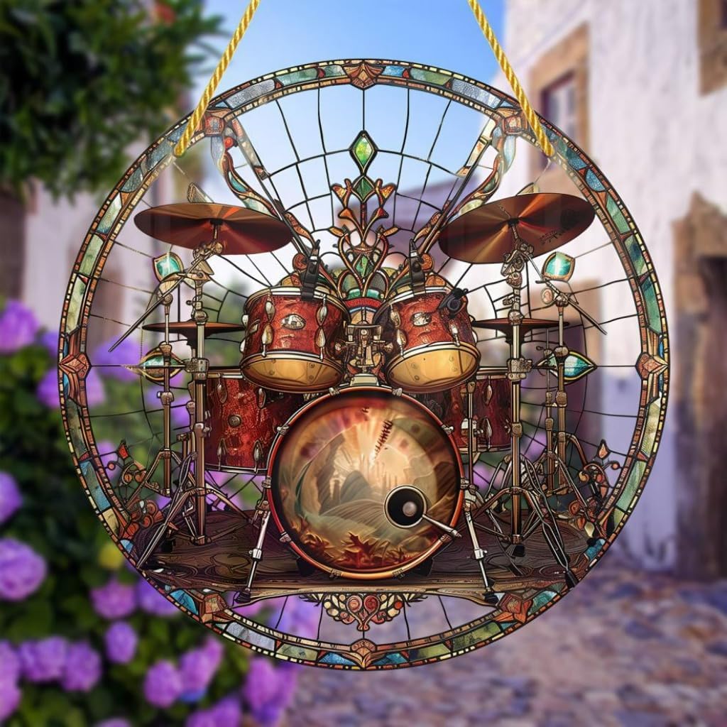Vintage Drums Acrylic Window Hanging Music Equipment Stained Suncatchers for Window Acrylic Panels Bedroom Garden Kitchen Wall Decoration Gifts for Women Mom Grandma Teacher