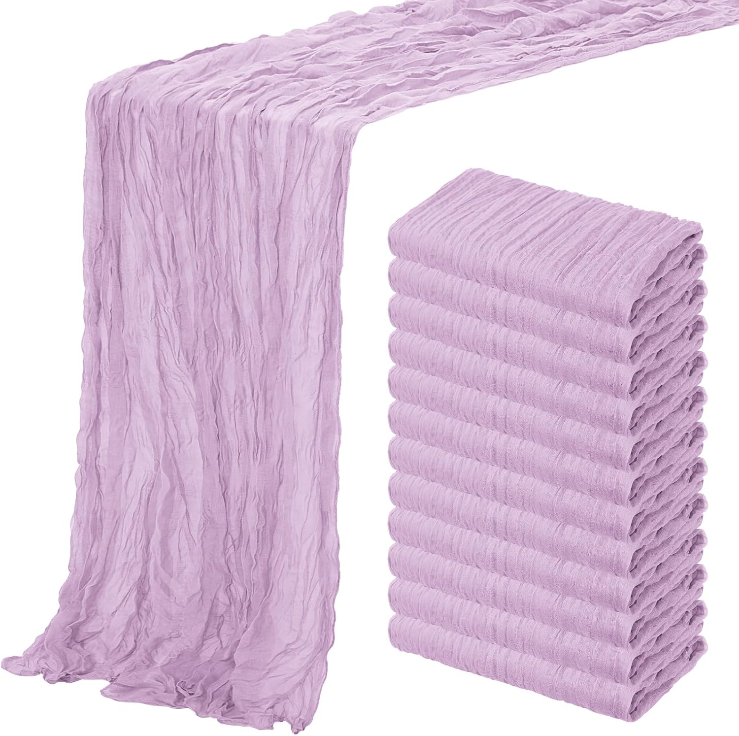 Aktor 12 Pack Lavender Cheesecloth Table Runner 10Ft Gauze Table Runner Boho Semi Sheer Cheese Cloth Fabric Runners for Wedding Birthday Baby Shower Party Table Decoration（Lavender）