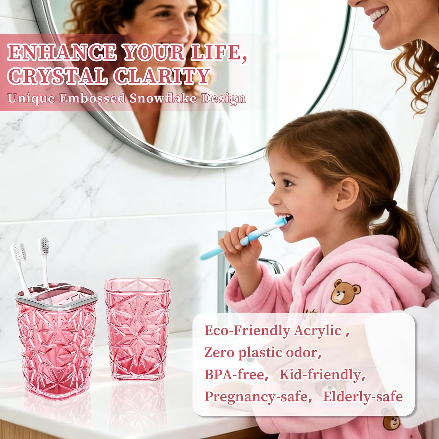 2 Pack Acrylic Toothbrush Holder Set - Mouthwash Cup & Bathroom Tumbler with Diamond Pattern, Shatterproof Non-Slip Base