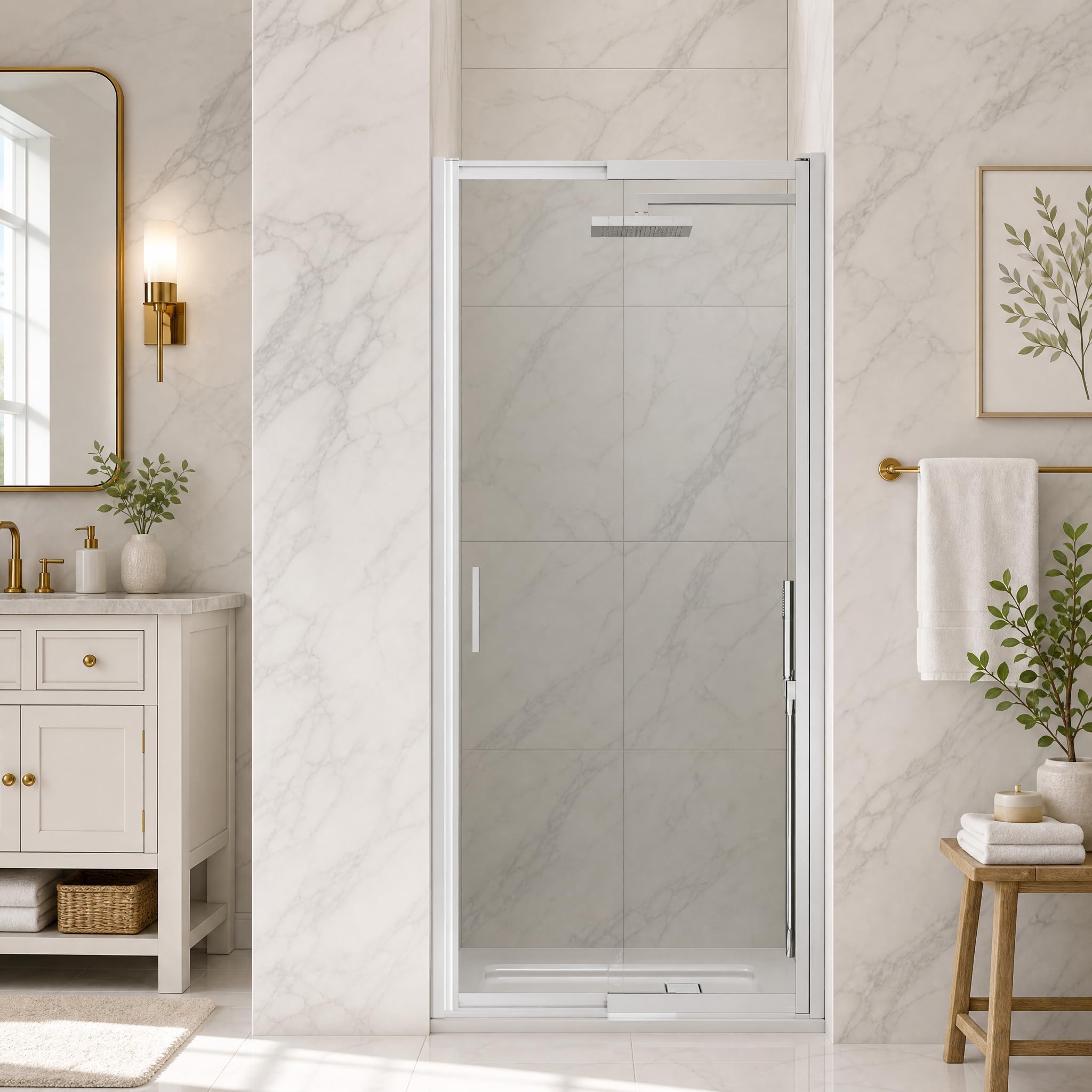 Photo 1 of 27-30" W x 72" H Pivot Swing Glass Shower Doors, 180° Rotating Retractable Bathroom Shower Door, Frameless Sliding Extended Shower Door with 3/16"(5mm) Clear SGCC Tempered Glass Brushed Nickel