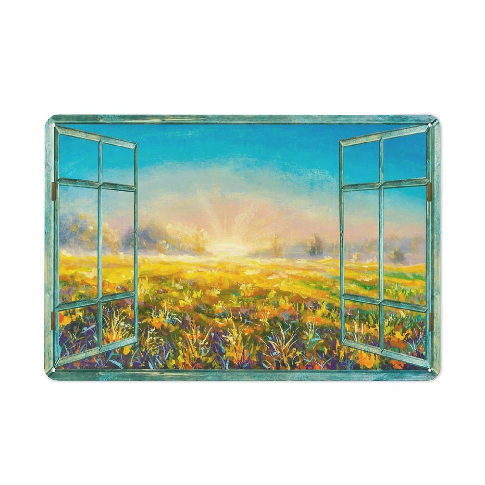 Rustic Metal Tin Sign, Sunrise Wildflower Field Wall Art, Living Room Bedroom Retro Home Decor 12x8 Inch