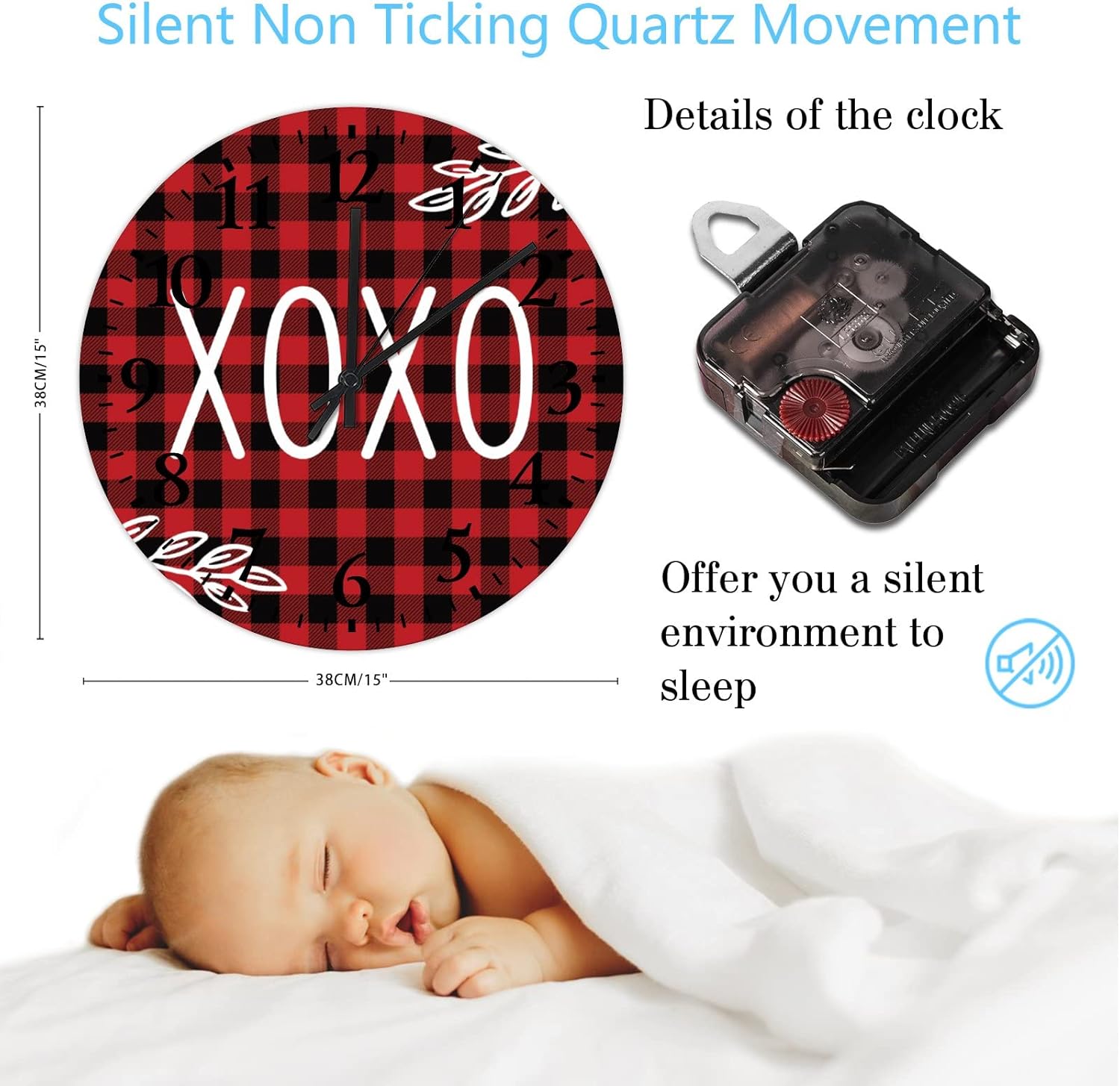 Wall Clock Valentine's Day XOXO Farmhouse Clock Battery Operated Silent Arabic Numbers Buffalo Plaid Romantic Quote for Valentines Day Round Clock for Farmhouse Home Decoration 15 Inch