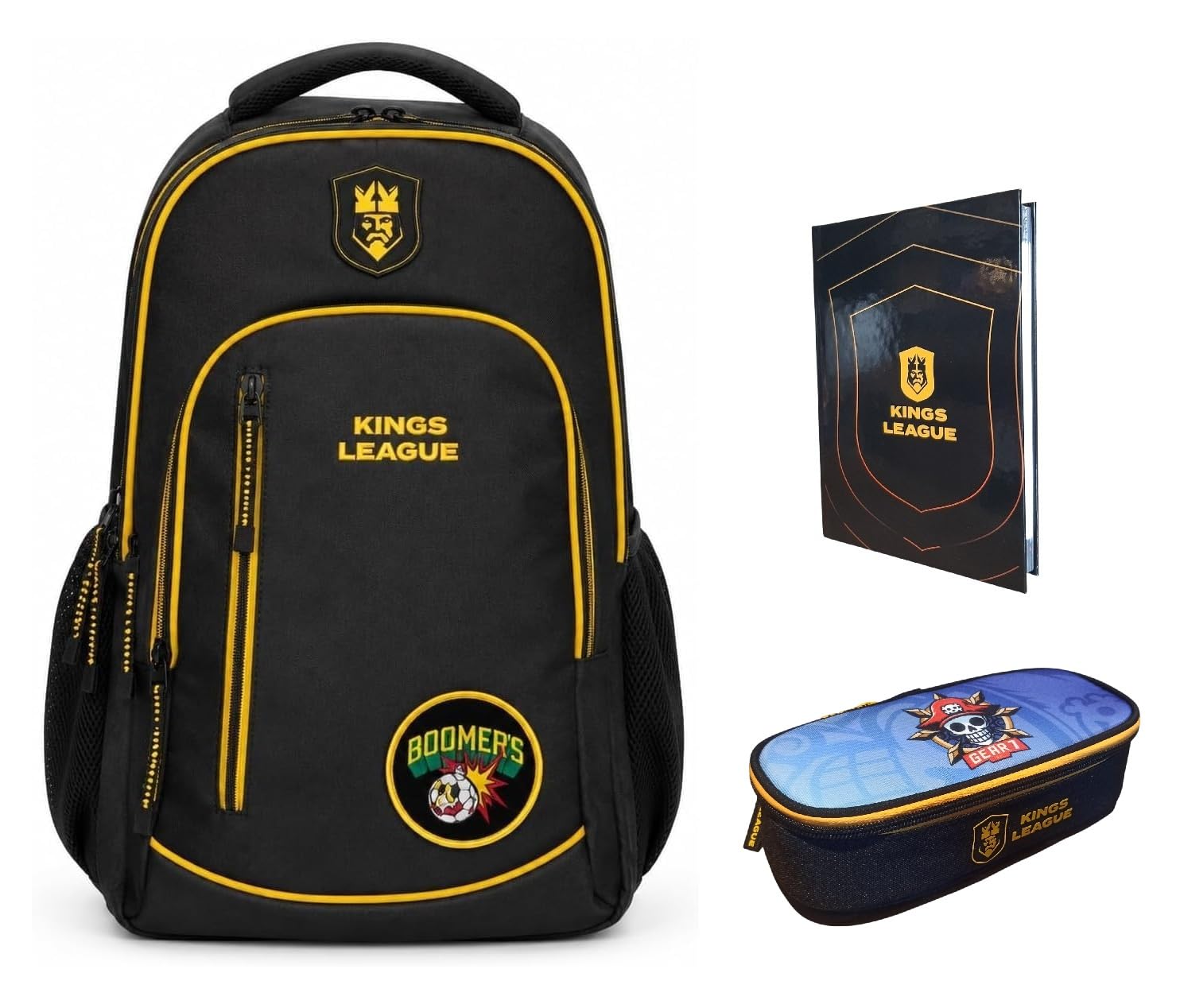 PRESTIGE & DELUXE Zaino Tondo 3 scomparti - King League Patch Intercambiabile - per la scuola primari Bambini + Astuccio GEAR 7 ovale 22 x 8 x 5 cm + diario + Kit penne e portachiave calcio