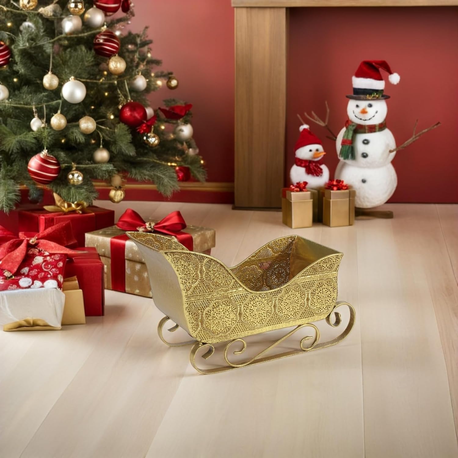 Christmas Sleigh Decoration - Retro Santa Claus Sleigh Metal Sled Model for Presents Candy Platter Holiday Season Table Centerpiece