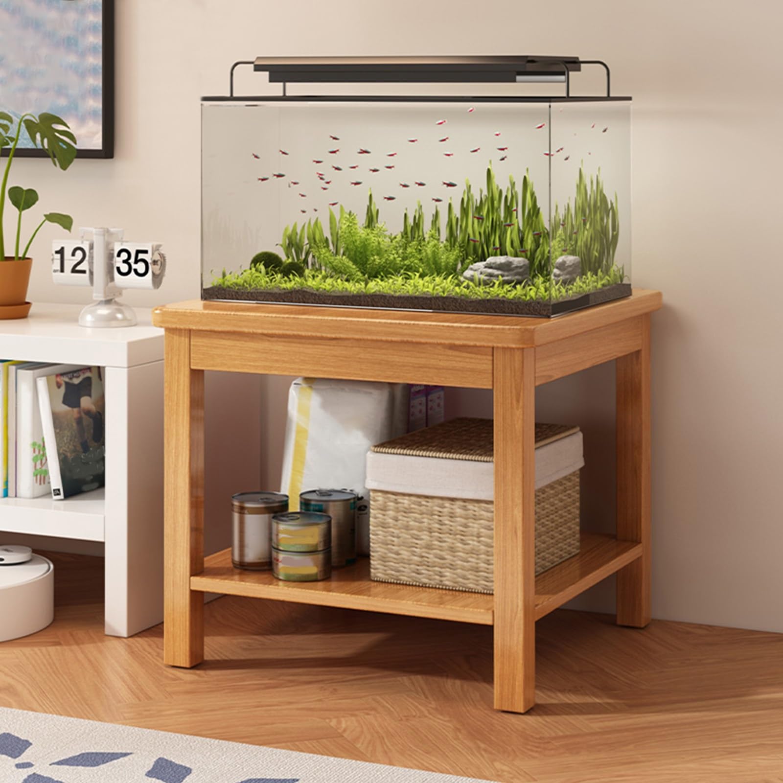 Support d'aquarium double couche robuste en bois jaune 50x35 cm