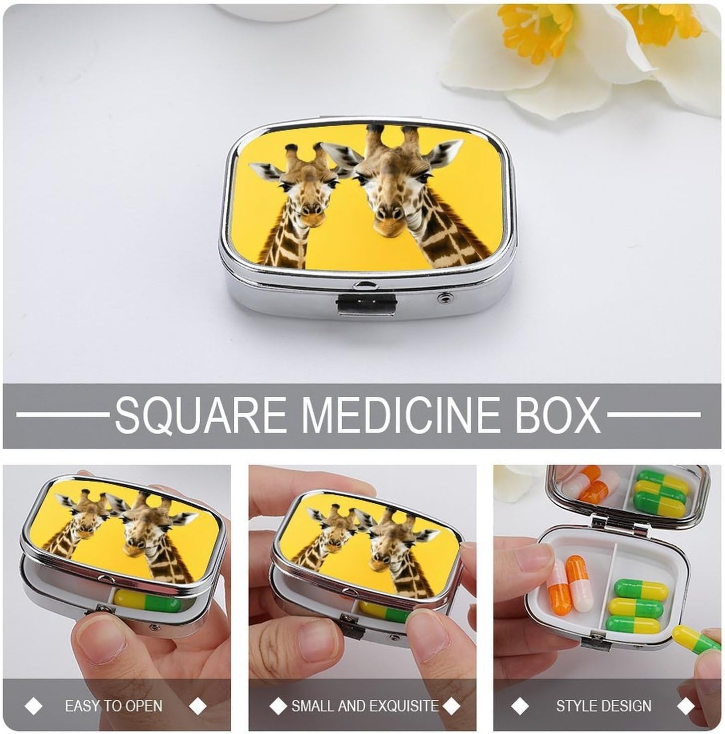 Pill Box 2 Compartment Metal Medicine Pill Organizer Giraffe on Yellow Background Pill Case for Purse Or Pocket Cute Mini Portable Pill Holder Travel Pill Container to Hold Supplements image 4