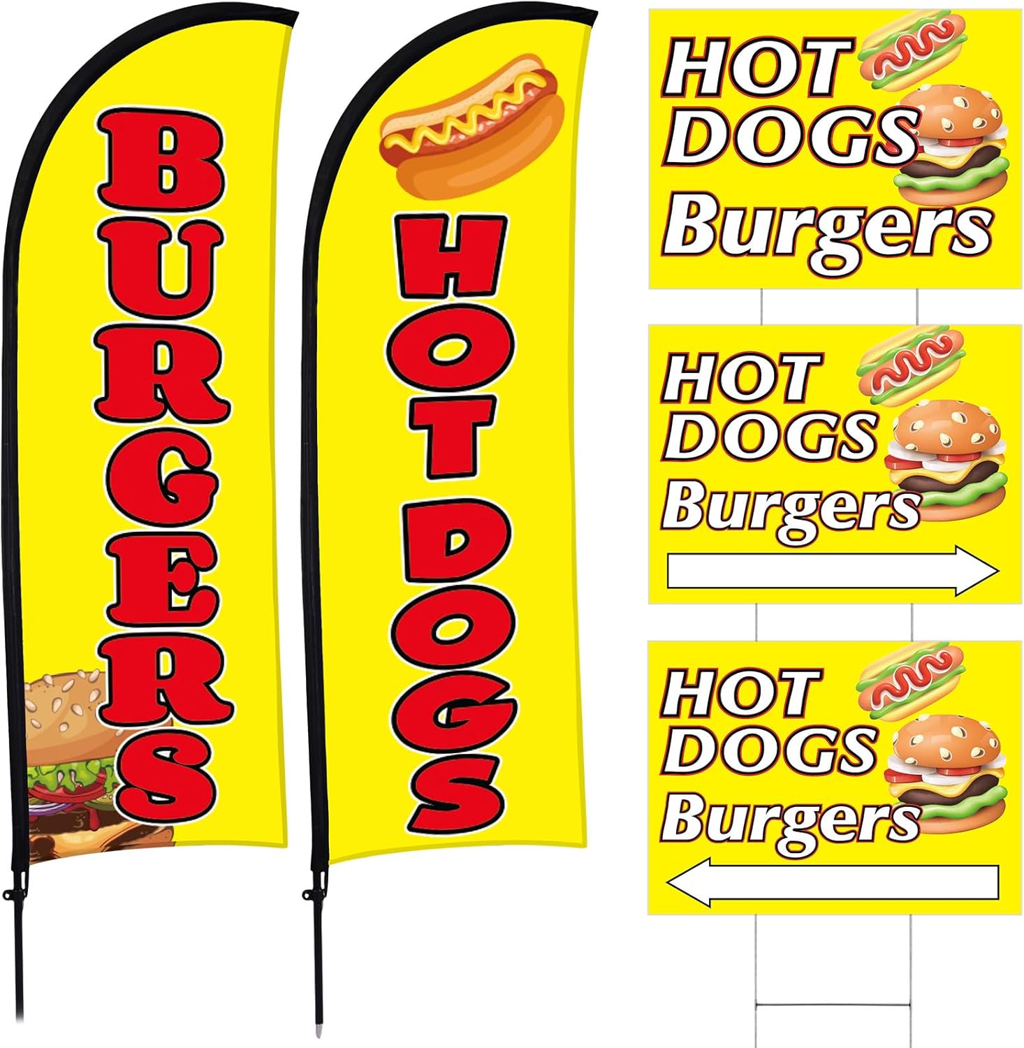 Buryeah 5 Set Hot Dogs Burgers Sign Banner Includes 2 Advertising Feather Flag 7 Ft with Poles and 3 Hot Dogs Burgers Double-sided Sign with Stake for Business Restaurant Outside Ground(Yellow)