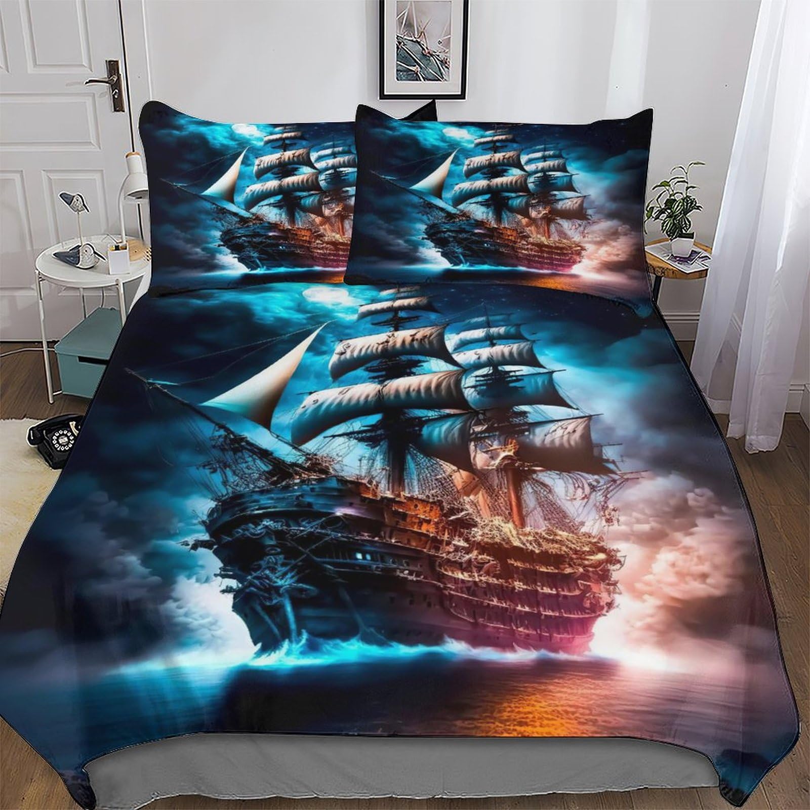 Parure de lit bateau pirate 3 pièces avec housse de couette en microfibre king 220x240 cm