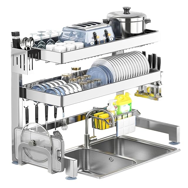 MmuNna Stainless Steel Over The Sink Dish Drying Rack 3 Tier Dish Drainer Rack with Utensil Sponge Holder