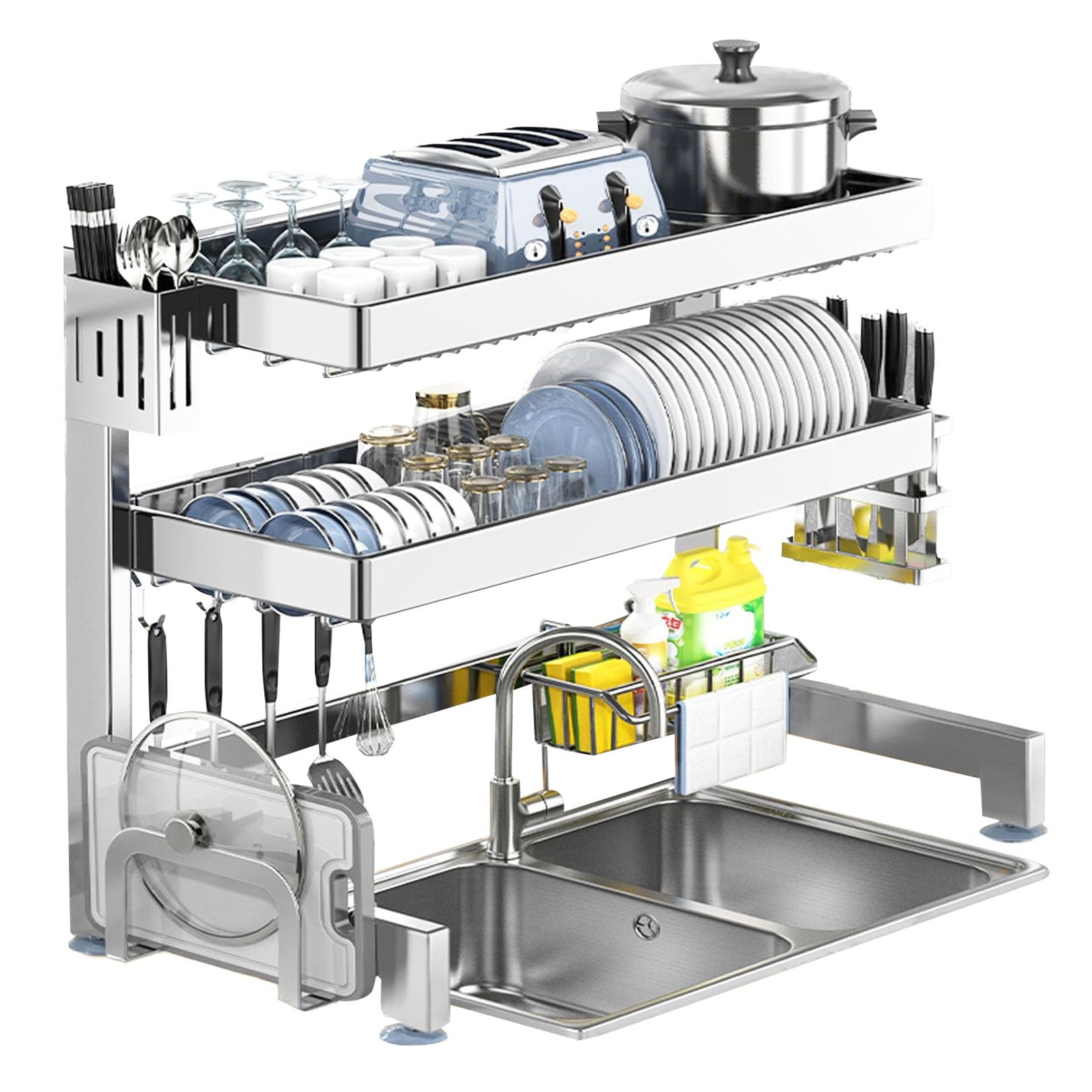 Stainless Steel Over The Sink Dish Drying Rack 3 Tier Dish Drainer Rack with Utensil Sponge Holder Sink
