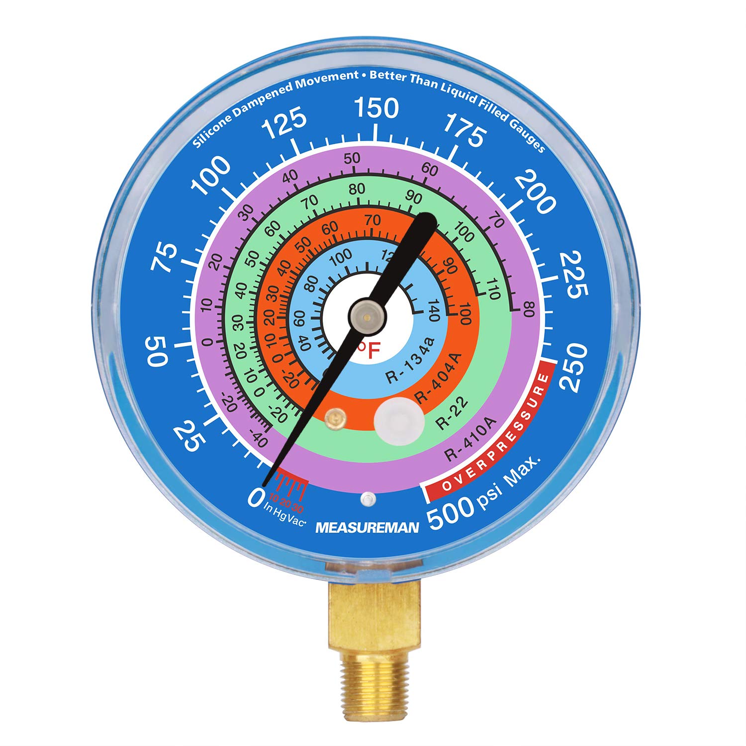 MEASUREMAN Refrigeration Pressure Gauge, 3-1/8" Dial, Blue Dial, 1/8" NPT Lower Mount, 30inHg-0-250psi, 250-500psi Retarded Range, R-134a, R-404A, R-