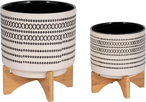 Miniatura 6 de Sagebrook Home Macetas modernas de cerámica con soportes, juego de 2, macetas decorativas de cerámica con base de madera de bambú para el hogar y el