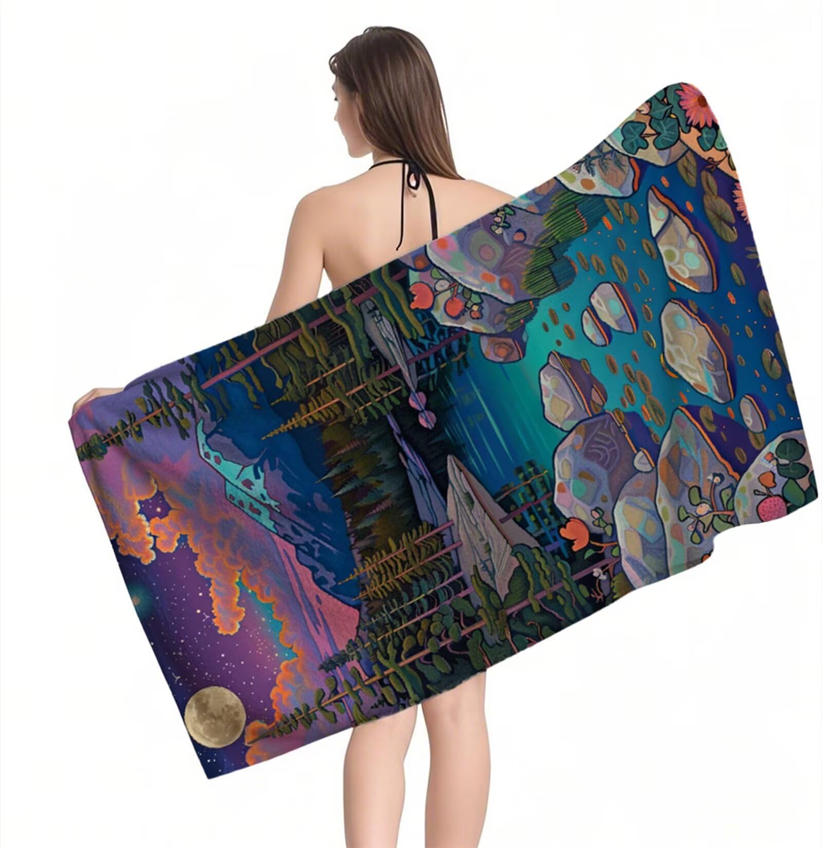 Strandtuch Sternenhimmel Mond Mikrofaser Handtuch Groß 220 x 100 cm, Saunahandtuch Schnell Trocknendes, Sandfreie Stranddecke, Saugfähiges Badetuch, Platzsparende Reisehandtuch, Sauna Zubehör Y1-951