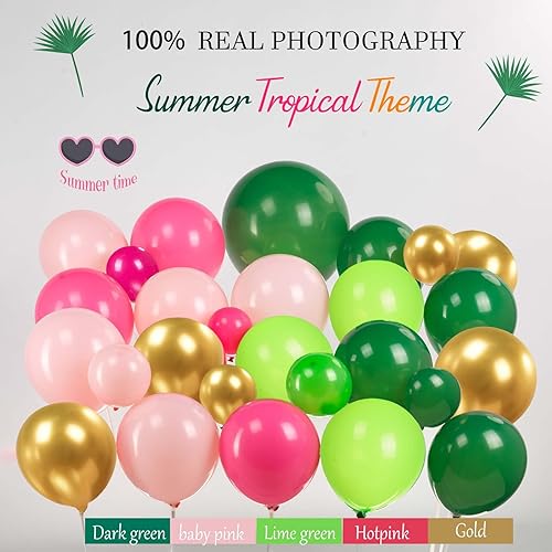 Miniatura 3 de Kit de guirnalda de globos de flamenco tropical, 135 unidades, color rosa intenso, naranja, verde azulado y doble relleno verde esmeralda y hoja de