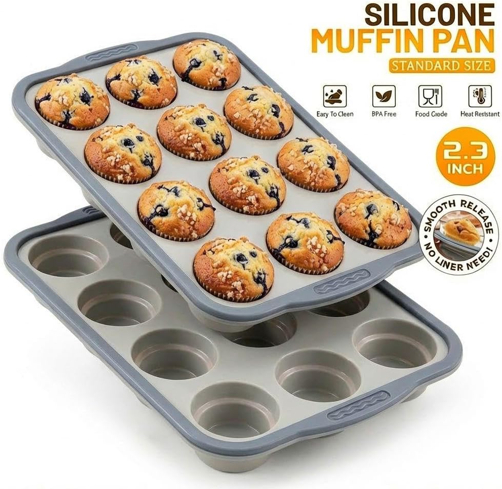 Silicone Muffin Pan 12 Cup, Non Stick Cupcake Baking Mold, Food Grade Heat Resistant Muffin Tray for Oven Baking Cupcakes (Gray)