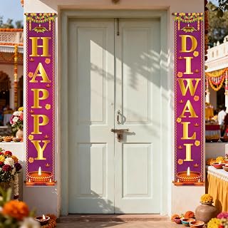KYMY Happy Diwali Porch Banners, 2pcs Deepavali Peacock Elephant Rangoli Diyas Hanging Door Signs, Hindu Festival of Lights Outdoor Decorations for Front Door, Indian Holiday Party Hanging Ornaments
