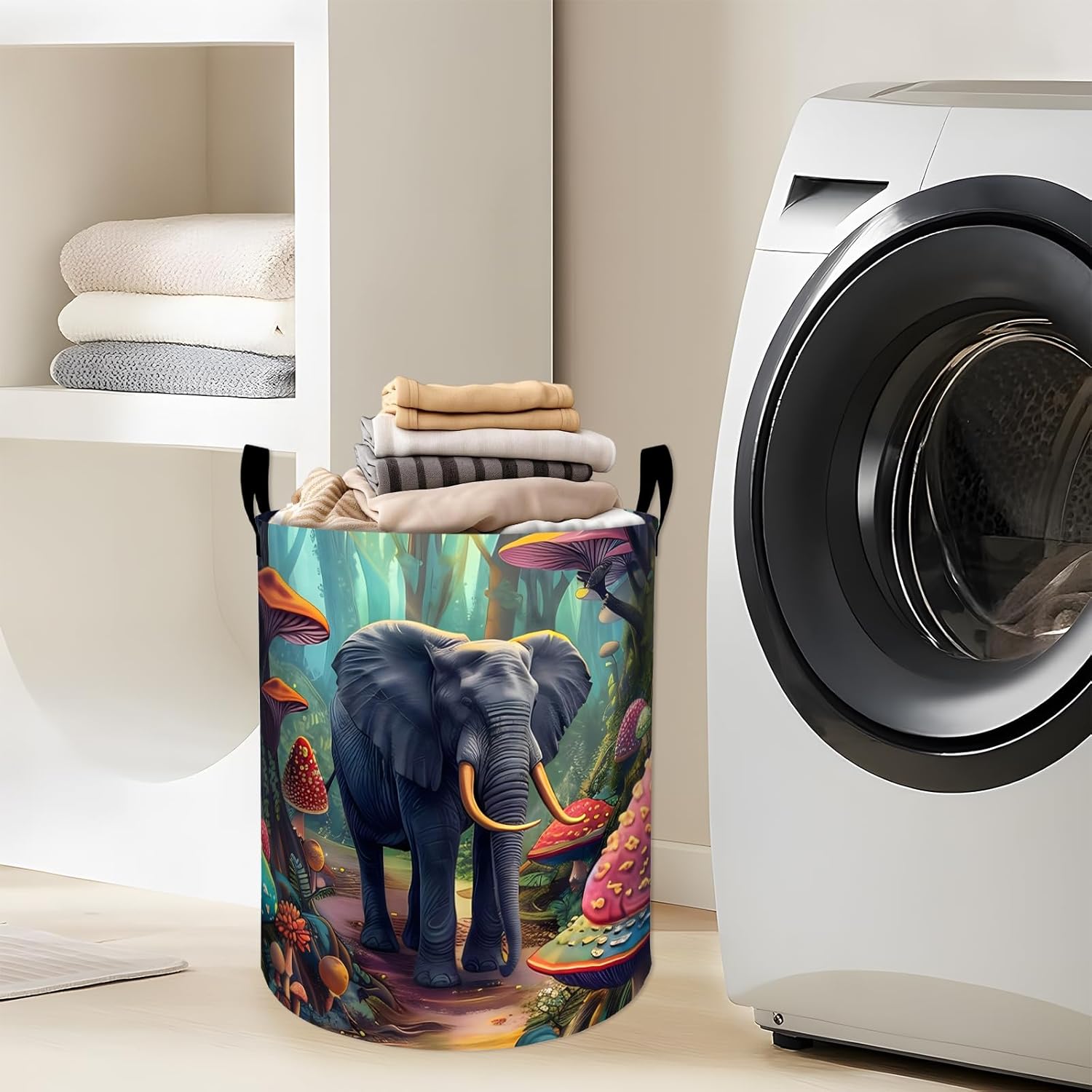 Mystical Elephant Laundry Basket with Handles, 19.7"x15.7" Clothes Foldable Enchanted Mushroom Forest Laundry Hamper Organizer for Dorm Nursery Bedroom Bathroom Decor, Toy Storage Bin for Kids