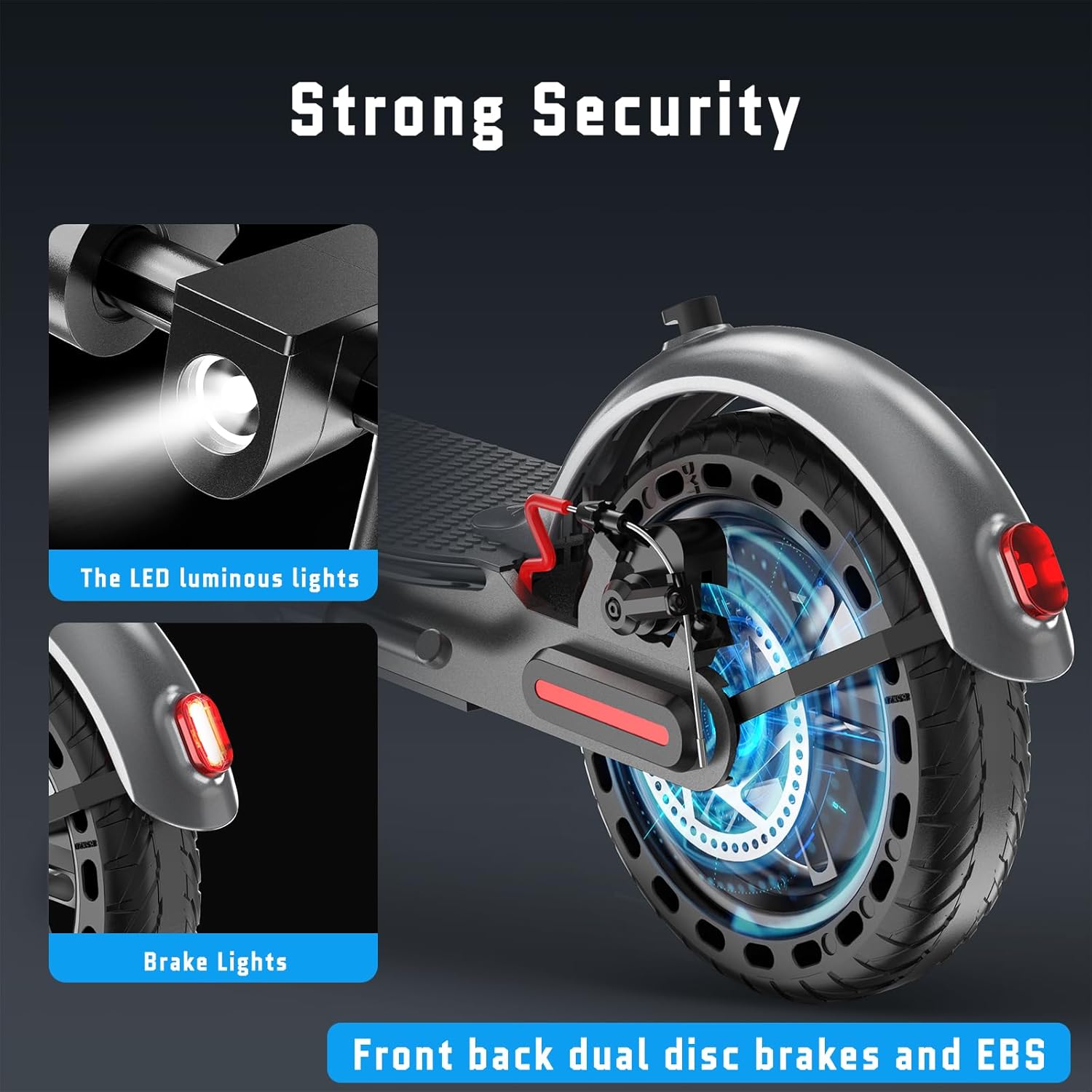 Rear wheel of the Roinside Electric Scooter showing the disc brake and brake lights