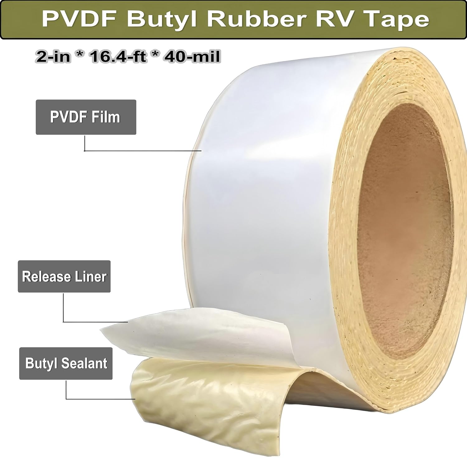 Military-Grade PVDF Butyl RV Roof Repair Tape | UL94 V-0 Flame Retardant & IP68 Waterproof | Self-Adhesive Butyl Sealant for RVs, Boats, Roofs, Pipes, Gutters - 2" x 16.4ft, 40mil