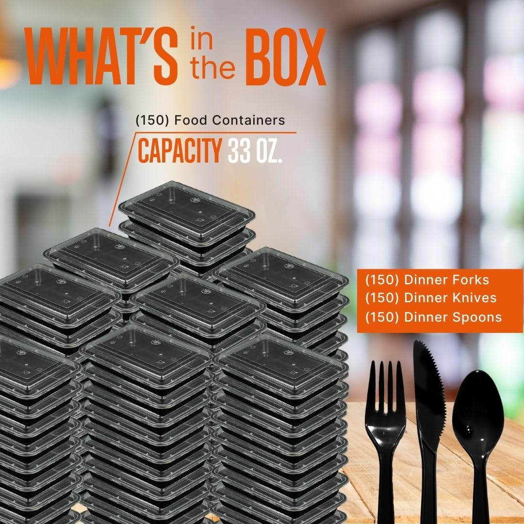 SQUATZ Contenedor de alimentos para microondas para 150 unidades, caja rectangular negra de 33 onzas con tapas, utensilios reutilizables, cuchara, tenedor y cuchillos, sin fugas, apto para congelador