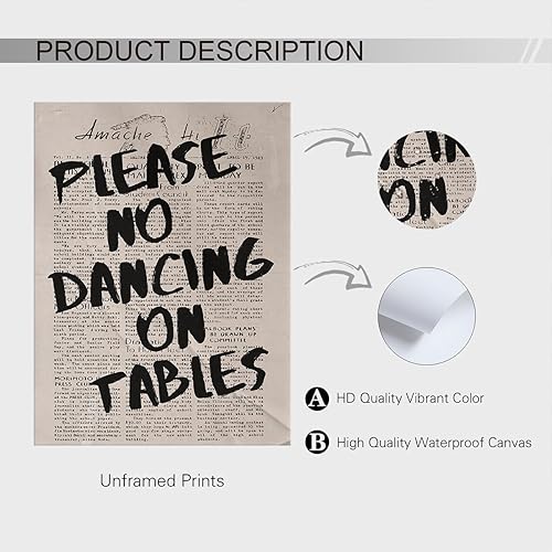 Miniatura 3 de ZERFVTG Arte de pared de periódico retro, divertido póster en blanco y negro con texto en inglés "Please No Dancing on Tables", impresiones en