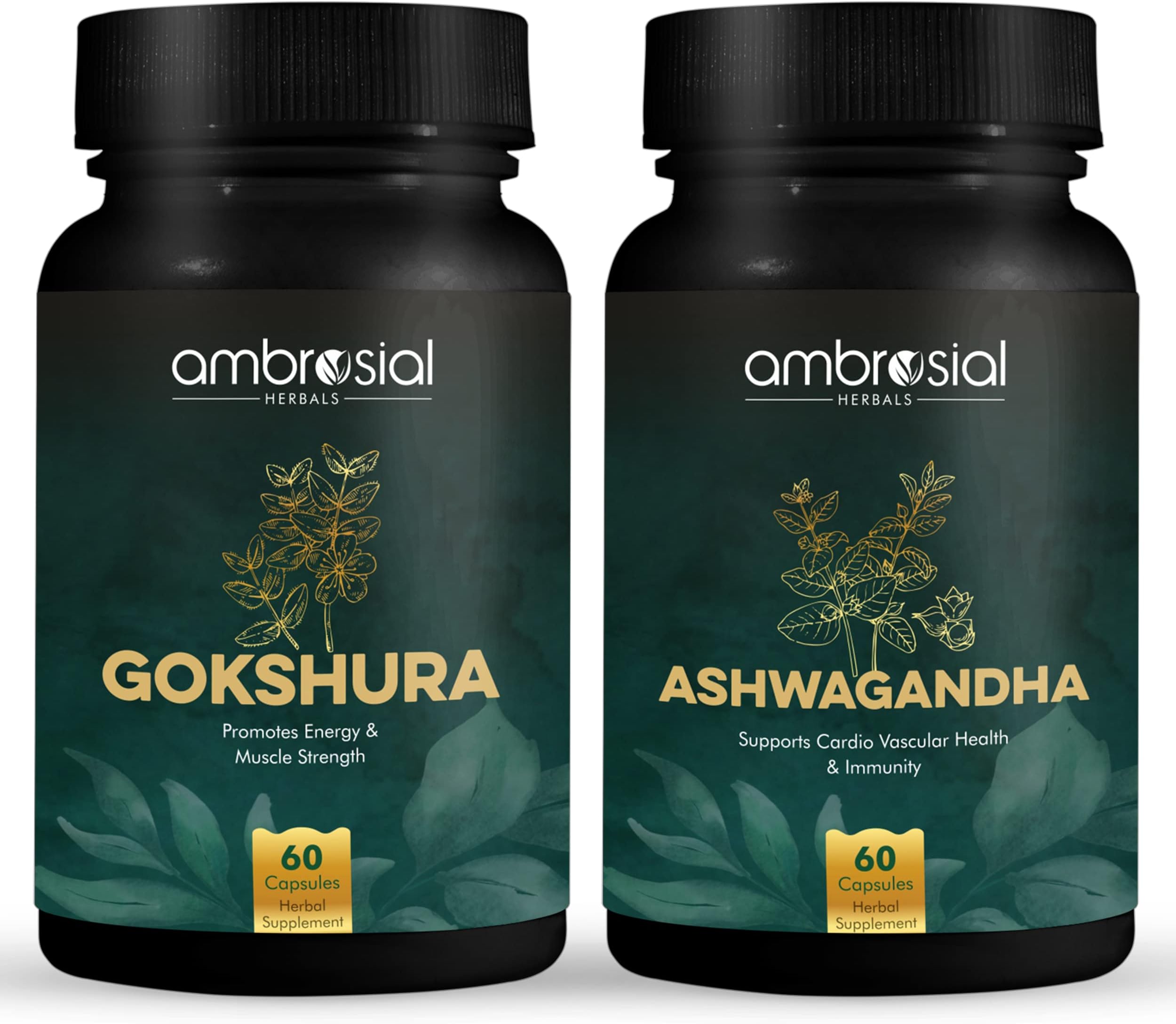 Ambrosial Combo of Gokshura (Tribulus) and Ashwagandha 500 mg | Manage Anxiety & Stress Relief | Energy & Endurance| Immune Support -60 Capsules (Pack of 2)