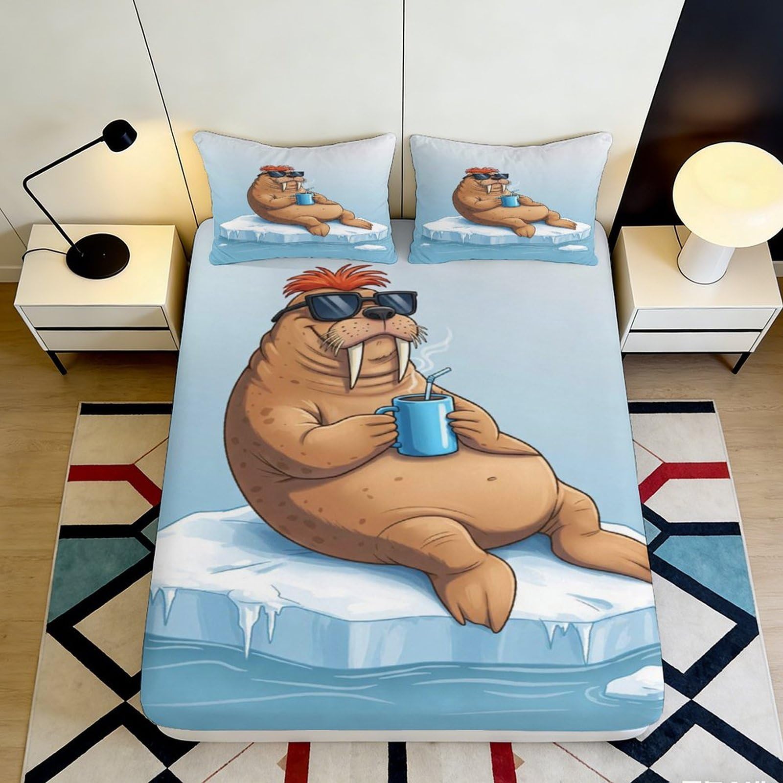 3D Printed Arctic Walrus Fitted Sheet Microfiber Deep Pocket Non-Slip Bedding for Adult Bedroom Arctic Walrus Mattress Fitted Cover 90x200x25cm