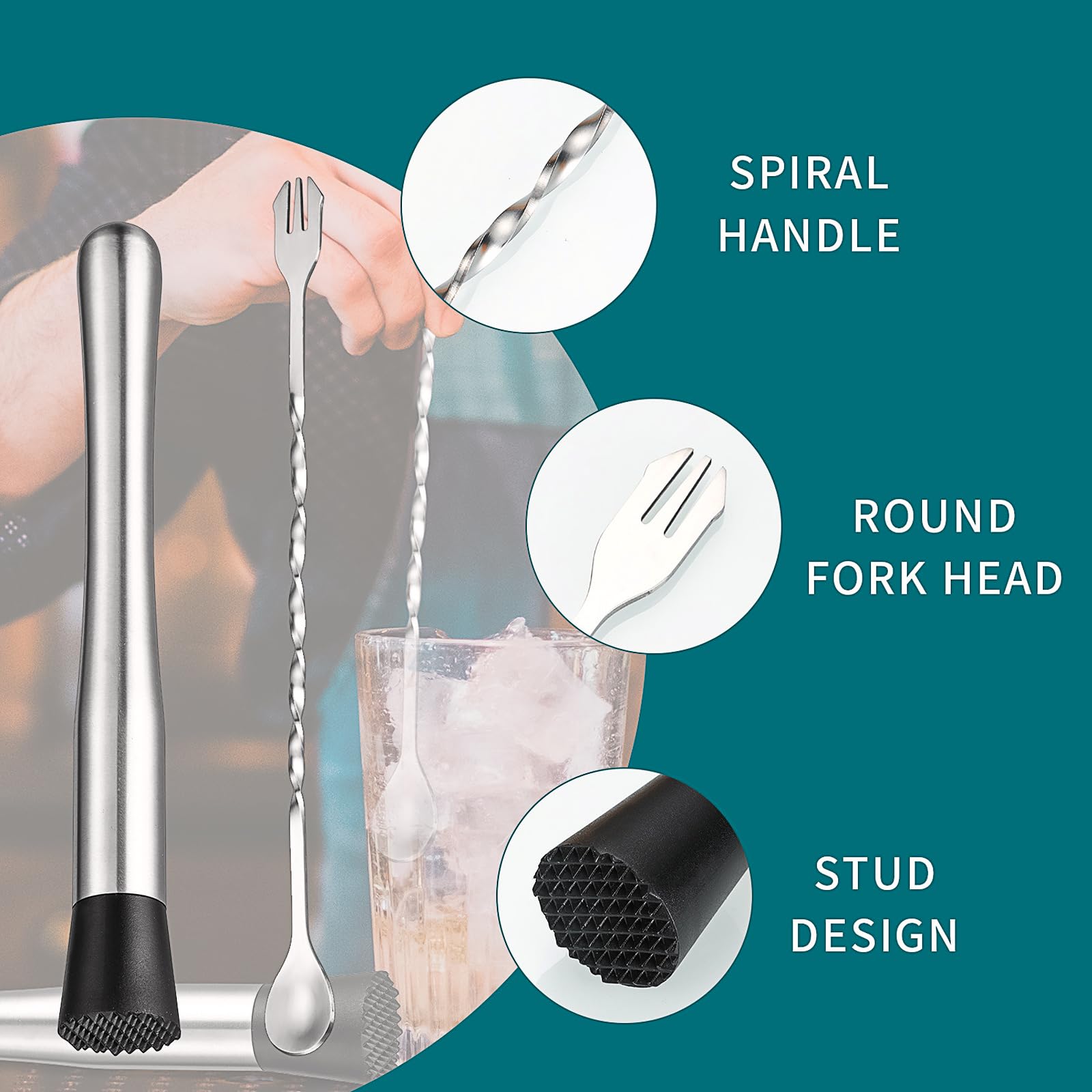 Pilon à Cocktail et cuillère à mélanger de 8 Pouces, Pilon à Cocktail en Acier Inoxydable, Ensemble d'outils de Barman de Bar à Domicile Pilon à Cocktail et cuillère à mélanger de 8 Pouces, Pilon à Cocktail en Acier Inoxydable, Ensemble d'outils de Barman de Bar à Domicile
