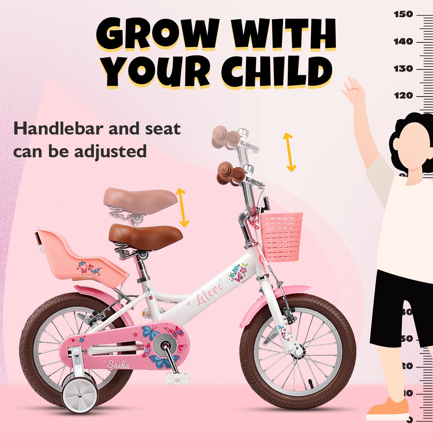 Glerc Sasha 12 14 16 20 Zoll Kinderfahrrad für Mädchen im Alter von 2-12 Jahren Kleine Mädchen Kleinkinder Retro Vintage Stil Kinderfahrräder mit Puppenfahrradsitz & Stützrädern