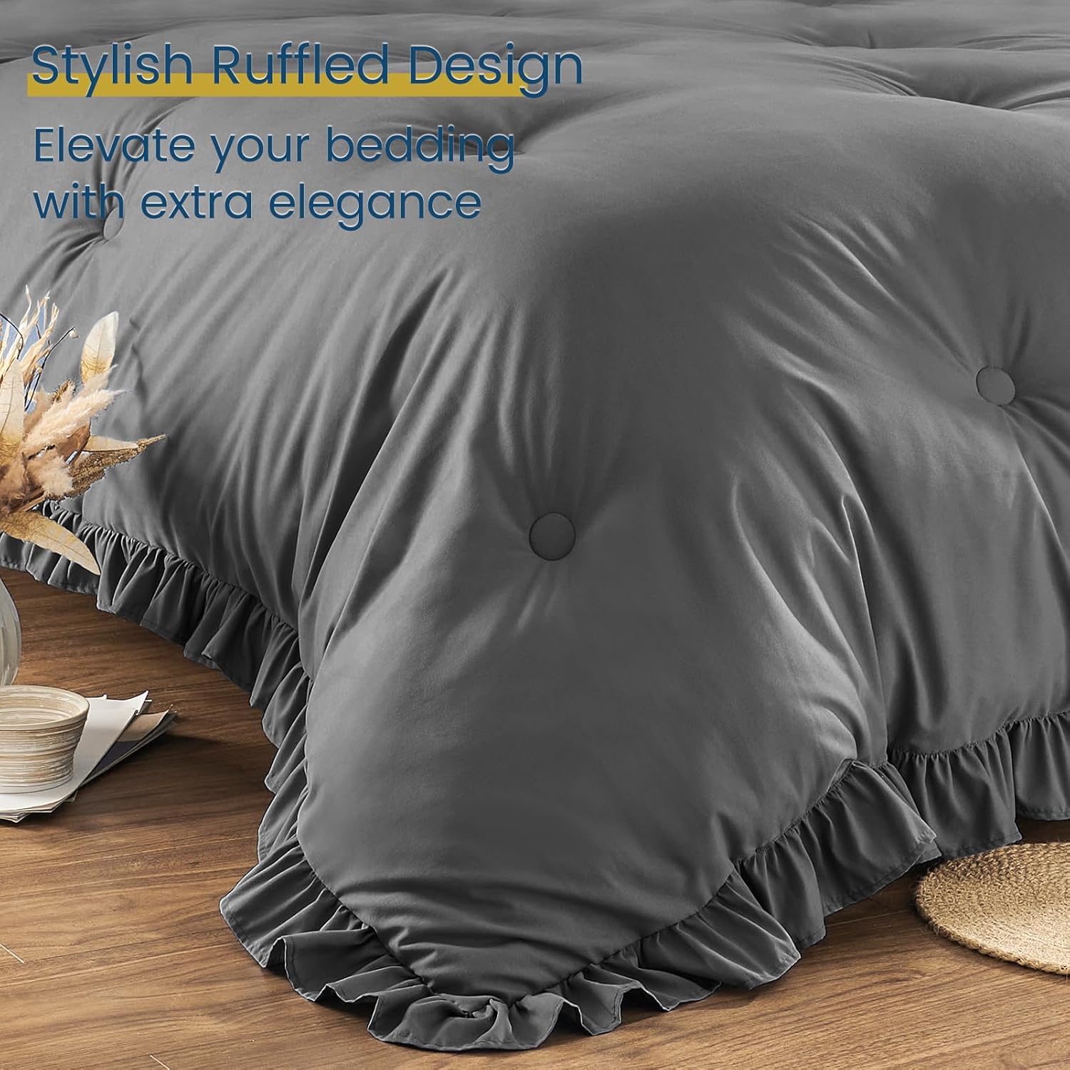 QUIETSEA Queen Bed in a Bag 7 Pieces Comforter Set Queen, Ruffle Shabby Chic Bedding Comforter Set Dark Grey Bed Set with Comforter, Pillowcases, Flat Sheet, Fitted Sheet and Pillow Shams