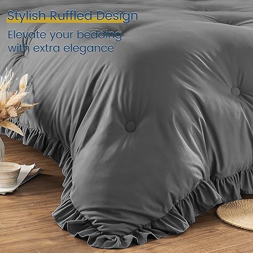 Miniatura 9 de QUIETSEA Juego de edredón de 7 piezas tamaño King en una bolsa, juego de edredón con volantes, color negro, con edredón, fundas de almohada, sábana