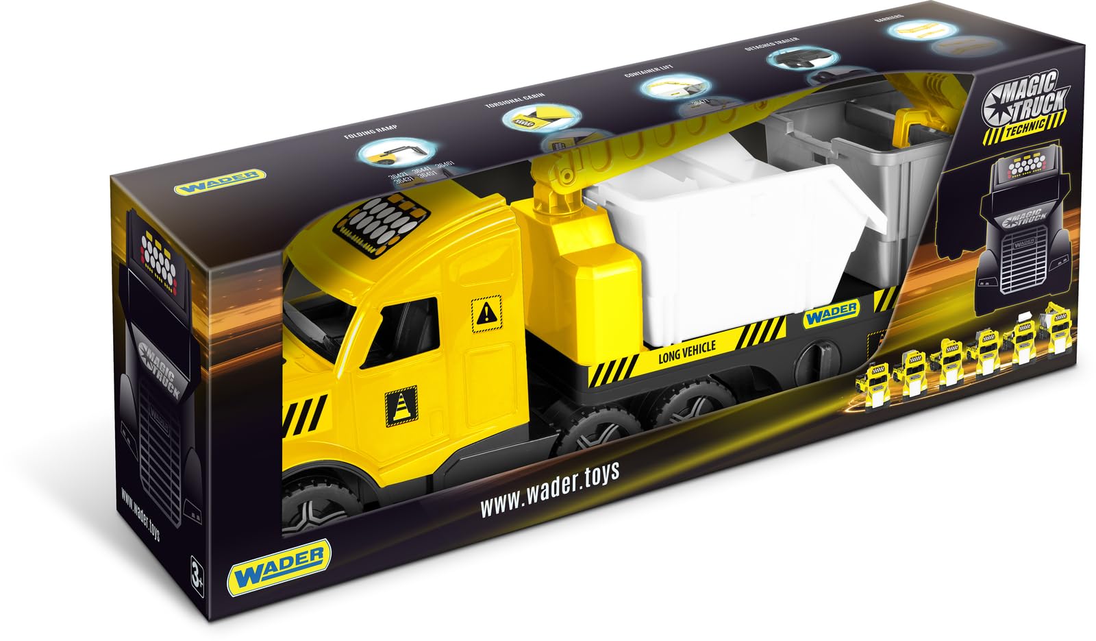 Wader 36471 - Magic Truck Tieflader mit Baucontainern, Kran, Absperrgittern und leuchtenden Scheinwerfern, Größe ca. 79 cm, für Kinder ab 3 Jahren, Geschenk für kreatives Spielen